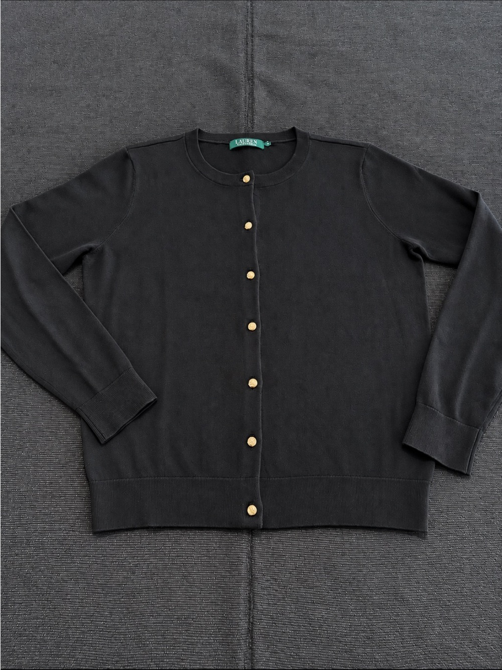 Lauren Ralph Lauren Black Crewneck Cardigan Sweater Gold Crest Buttons Medium